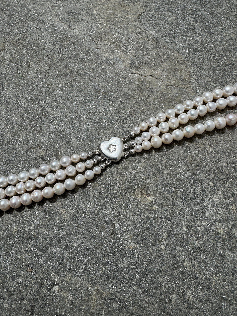 3 ROW STAR HEART PEARL CHOKER 925 sterling silver