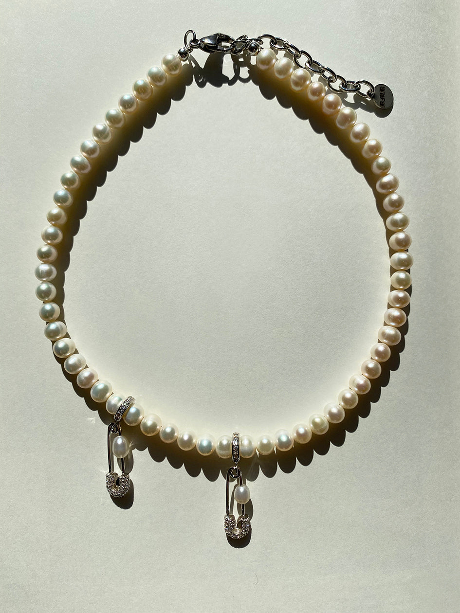 DBL PIN THROUGH MY PEARL FRESHWATER PEARL CHOKER SILVER