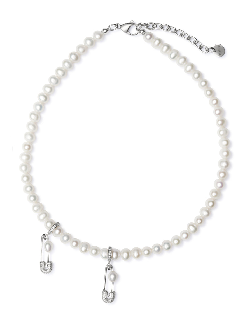 DBL PIN THROUGH MY PEARL FRESHWATER PEARL CHOKER SILVER