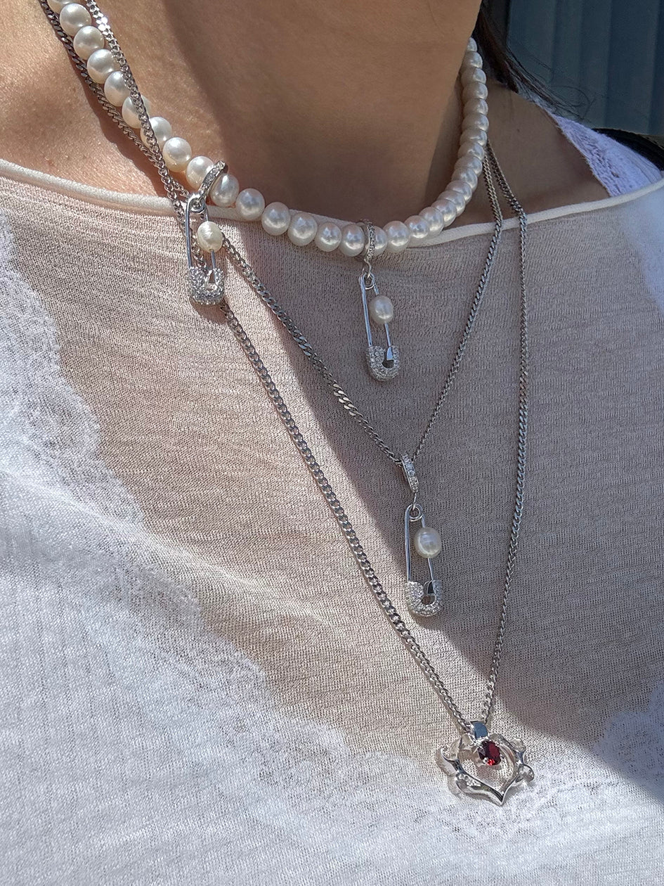 DBL PIN THROUGH MY PEARL FRESHWATER PEARL CHOKER SILVER