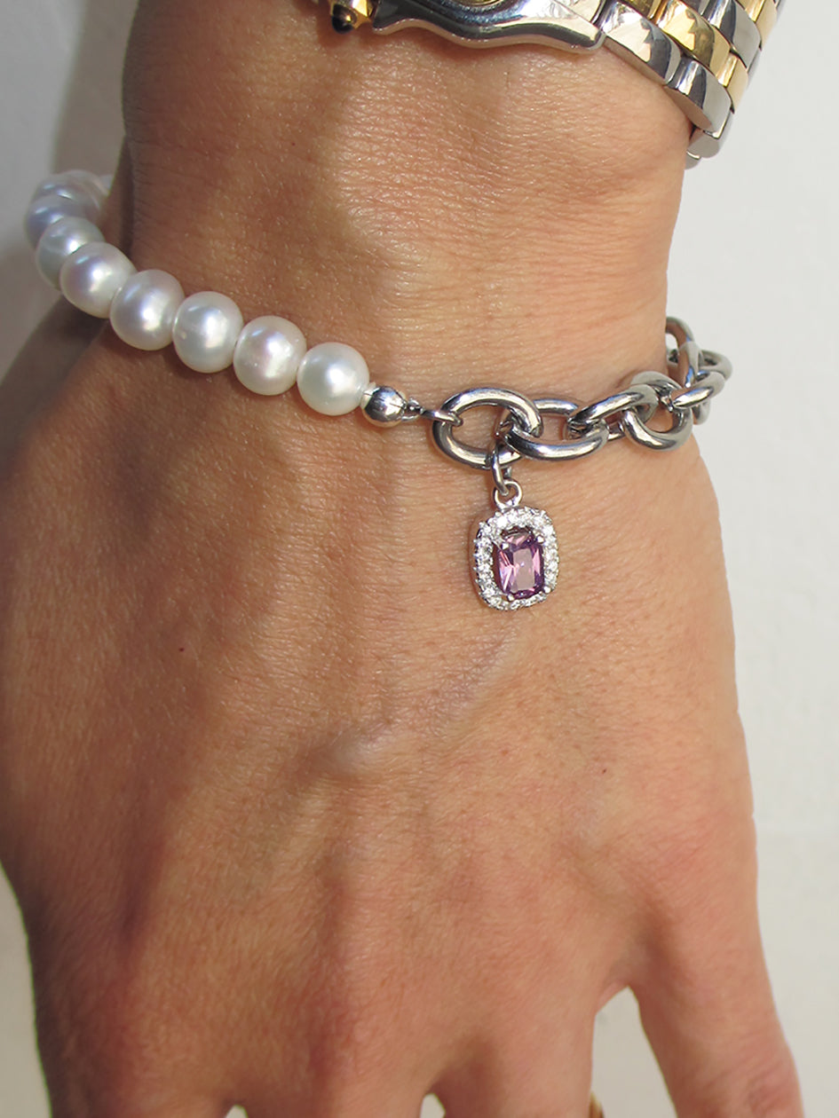 THE HALF CHAIN HALF PEARL PURPLE GEM BRACELET