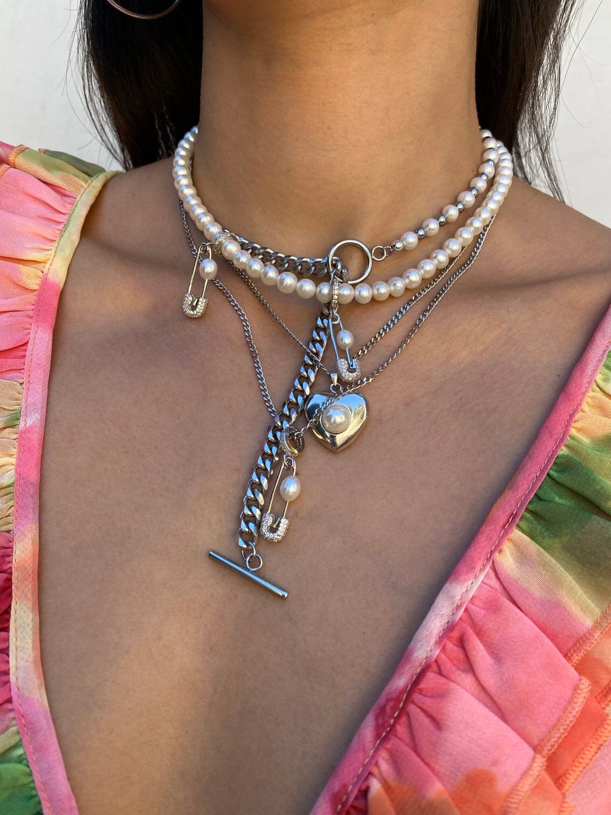 DBL PIN THROUGH MY PEARL FRESHWATER PEARL CHOKER SILVER