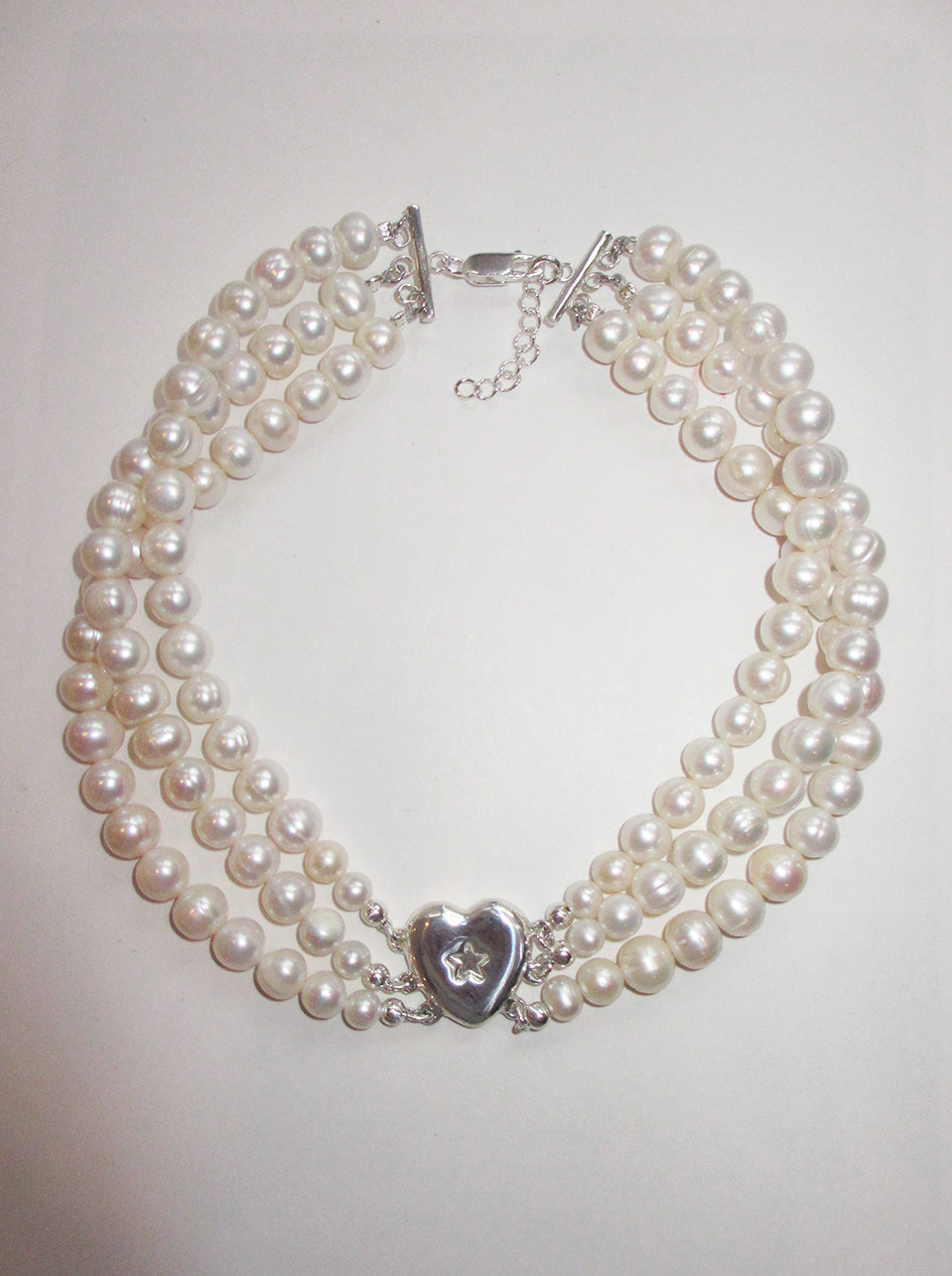 3 ROW STAR HEART PEARL CHOKER 925 sterling silver