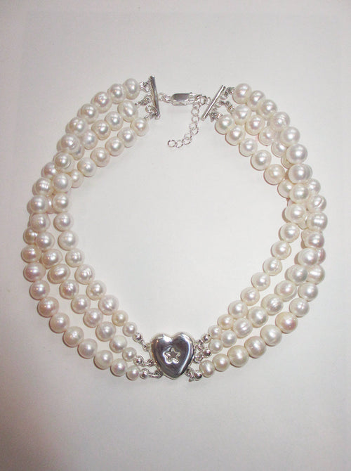3 ROW STAR HEART PEARL CHOKER 925 sterling silver